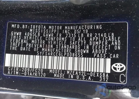 2020 Toyota Corolla Se z USA, uszkodzony, nr VIN 5YFS4RCE6LP008655